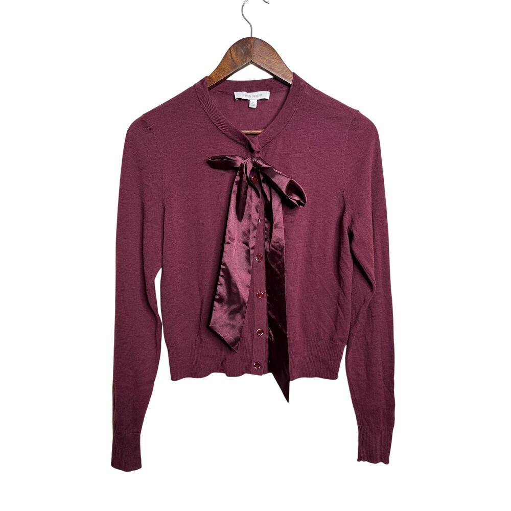 Favorite Daughter Take A Bow Cardigan in Vino Merino Wool Satin Bow Coquette M